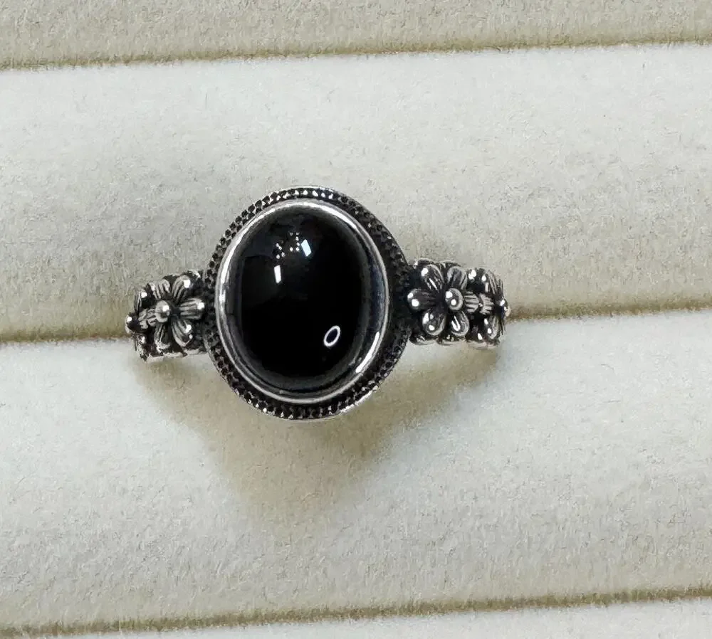 New Size 10 Black Onyx Color Cabochon Ring Silver Floral Vintage Style Ring R002